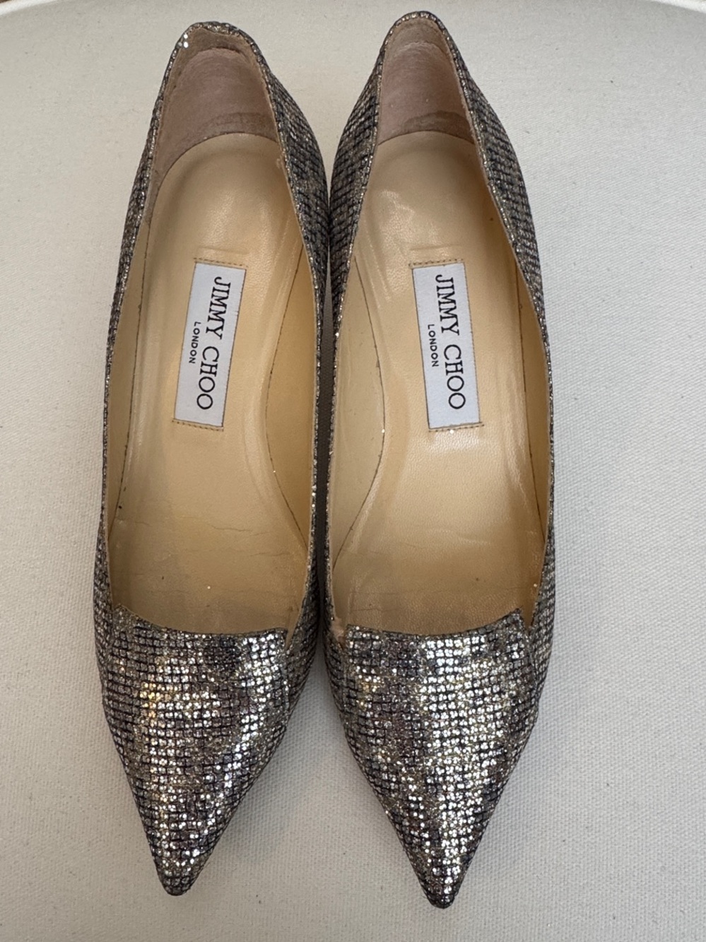 Jimmy Choo Champagne Leopard Print Glitter Allure Kitten Heel Pumps 7B Box